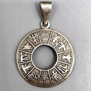 Nazca Lines Calendar Disc Pendant Peru 950 Silver Inca Glyph Sun Wheel